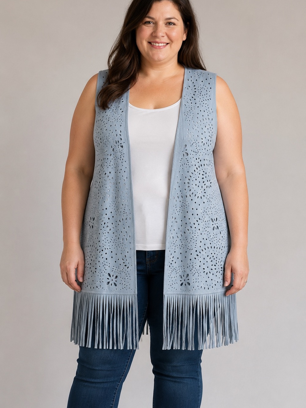 Paris Hues Powder Blue Laser-Cut Fringe Vest XL